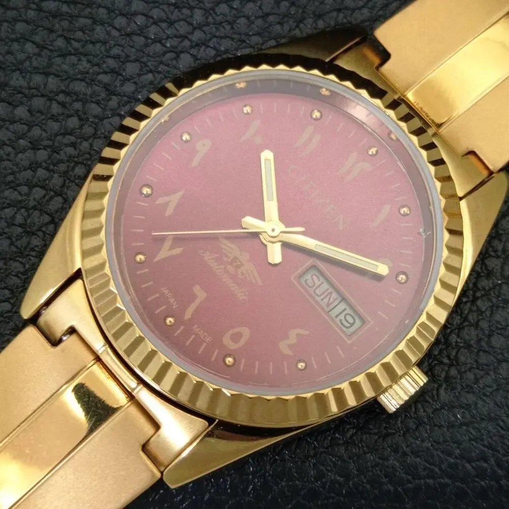 Vintage 1984 Citizen Automatic Mens Gold Watch W/daydate & Red accents